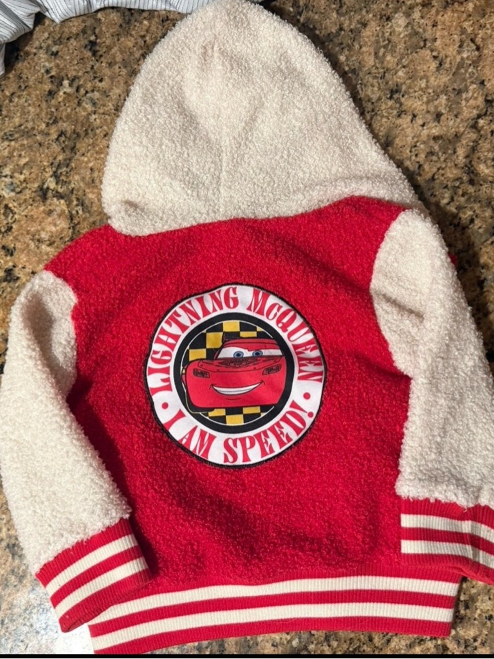 Disney Pixar Cars Lightning McQueen Sherpa Varsity Bomber Hoodie Jacket 18M